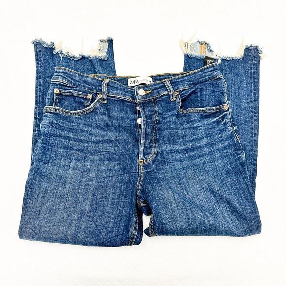 Zara The Dreed Flare Raw Hem Button Fly Med-Dark Wash Denim Jeans Size 12 - Picture 4 of 8